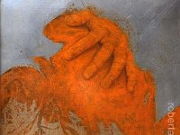 hands#6, olio su lamiera ossidata, cm 40x40 hands#6,  oil painting on oxidized iron sheet, cm 40x40