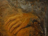 hands#7, olio su lamiera ossidata, cm 35x35 hands#7, oil painting on oxidized iron sheet, cm 35x35