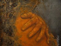 hands#9, olio su lamiera ossidata, cm 35x35 hands#9, oil painting on oxidized iron sheet, cm 35x35