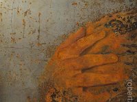 hands#10, olio su lamiera ossidata, cm 35x35 hands#10, oil painting on oxidized iron sheet, cm 35x35