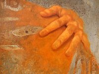 hands#14, olio su lamiera ossidata, cm 40x40 hands#14, oil painting on oxidized iron sheet, cm 40x40