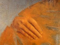 hands#15, olio su lamiera ossidata, cm 40x40 hands#15, oil painting on oxidized iron sheet, cm 40x40