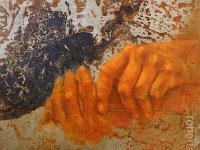 hands#19, olio su lamiera ossidata, cm 40x40 hands#19, oil painting on oxidized iron sheet, cm 40x40