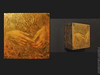 hands#26, olio su lamiera ossidata, cm13x13x8 hands#26, oil painting on oxidized iron sheet, cm13x13x8