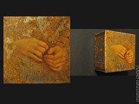 hands#30, olio su lamiera ossidata, cm13x13x8 hands#30, oil painting on oxidized iron sheet, cm13x13x8